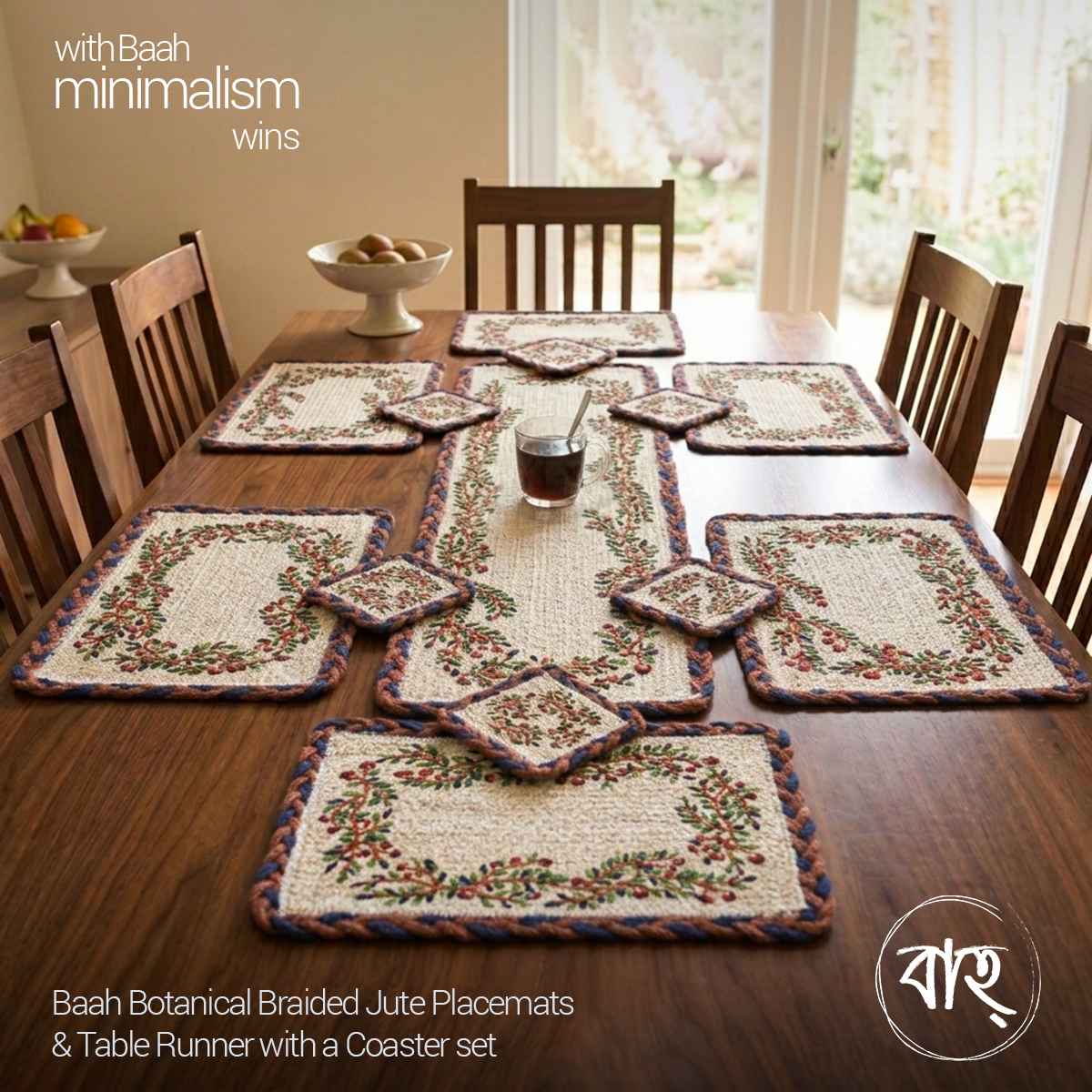 Baah Botanical Braided Jute Placemats & Table Runner with a Coaster set